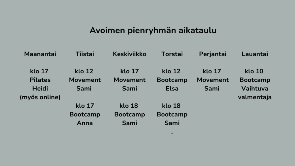 Lauttasaari Movement Clubin treeni- ja kurssiaikataulu Helsingissä – Bootcamp, Movement, Pilates, Jooga ja erikoiskurssit.