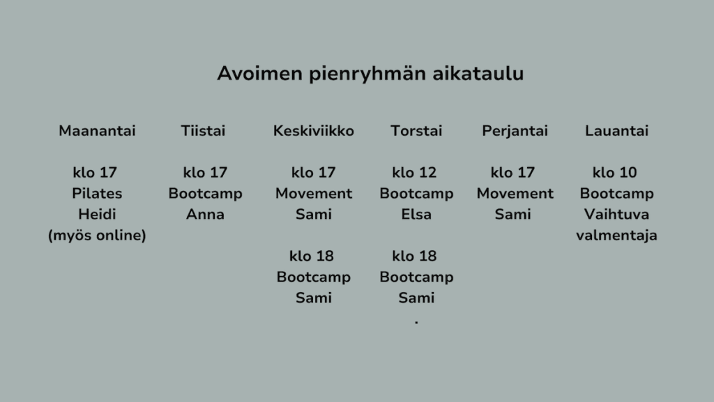 Lauttasaari Movement Clubin treeni- ja kurssiaikataulu Helsingissä – Bootcamp, Movement, Pilates ja Jooga
