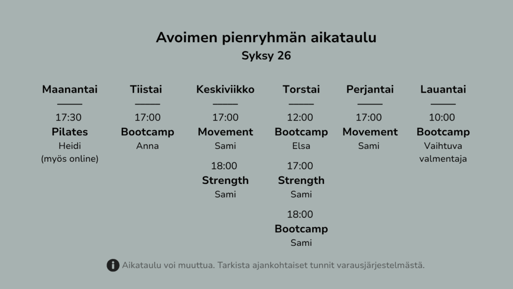Lauttasaari Movement Clubin avoimien pienryhmien viikkoaikataulu