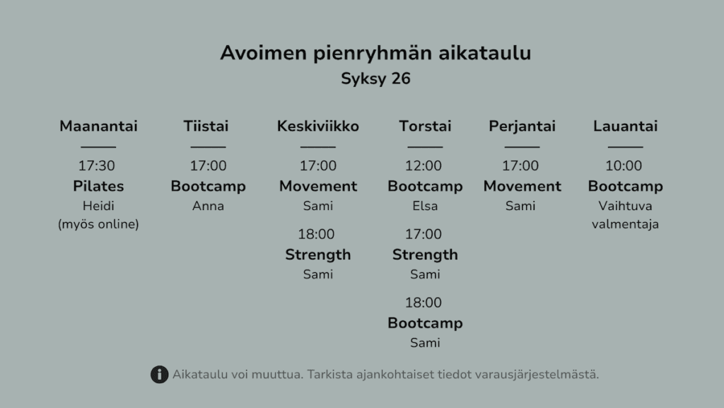 Lauttasaari Movement Clubin avoimien pienryhmien viikkoaikataulu